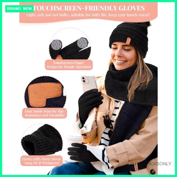 Fleece Lined Winter Beanie Scarf Gloves Set Pom Pom Touchscreen main image 5